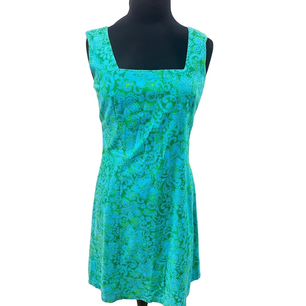Love-Life Felice Pappas Teal Green Floral Paisley Square Neck Shift Dress Large